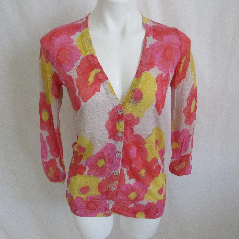 LOFT Pink Floral Spritz 3/4 Sleeve Cardigan M